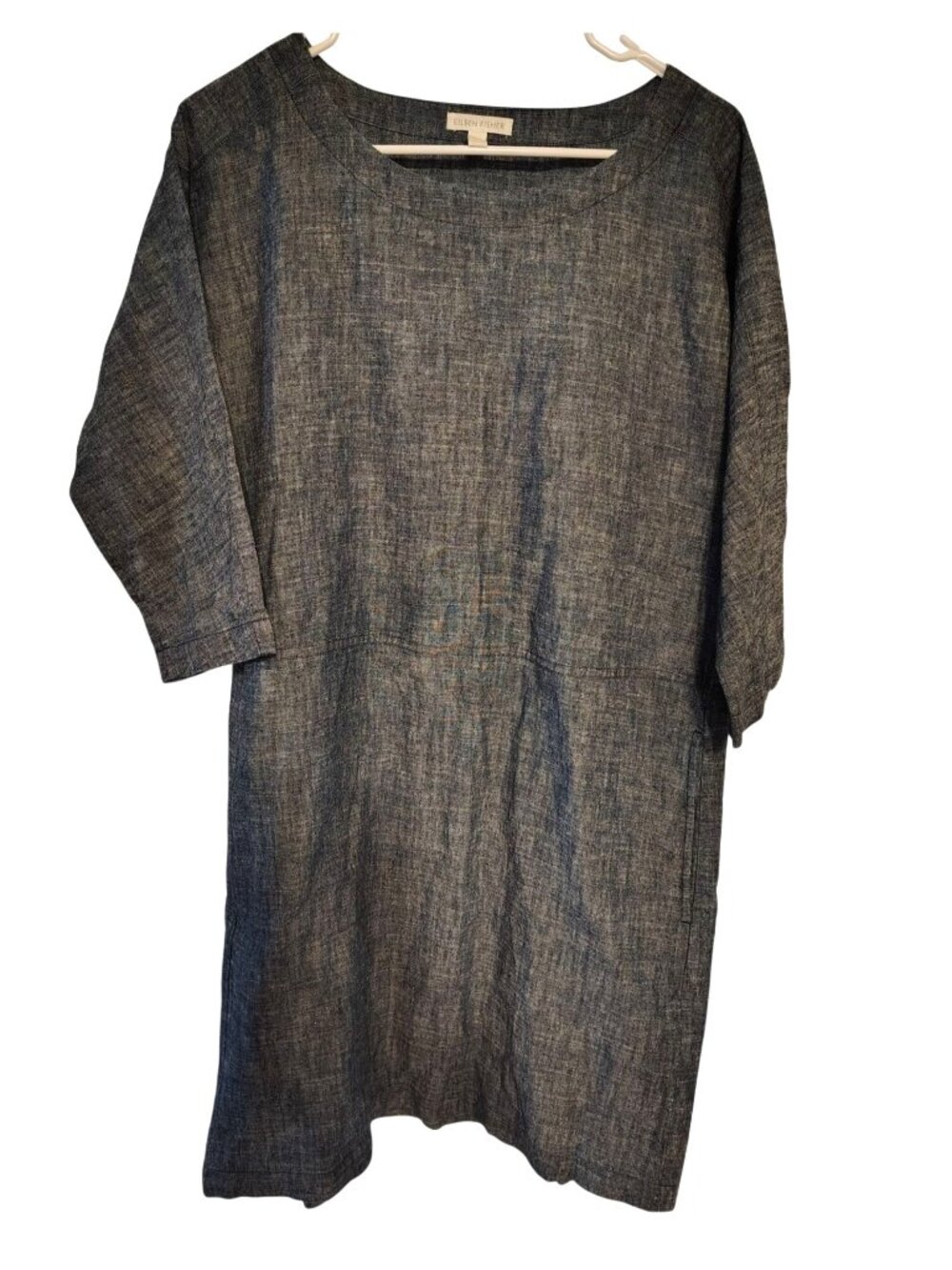 Eileen Fisher XXS Organic Linen Mandarin Collar Denim Wash Shirt Dress